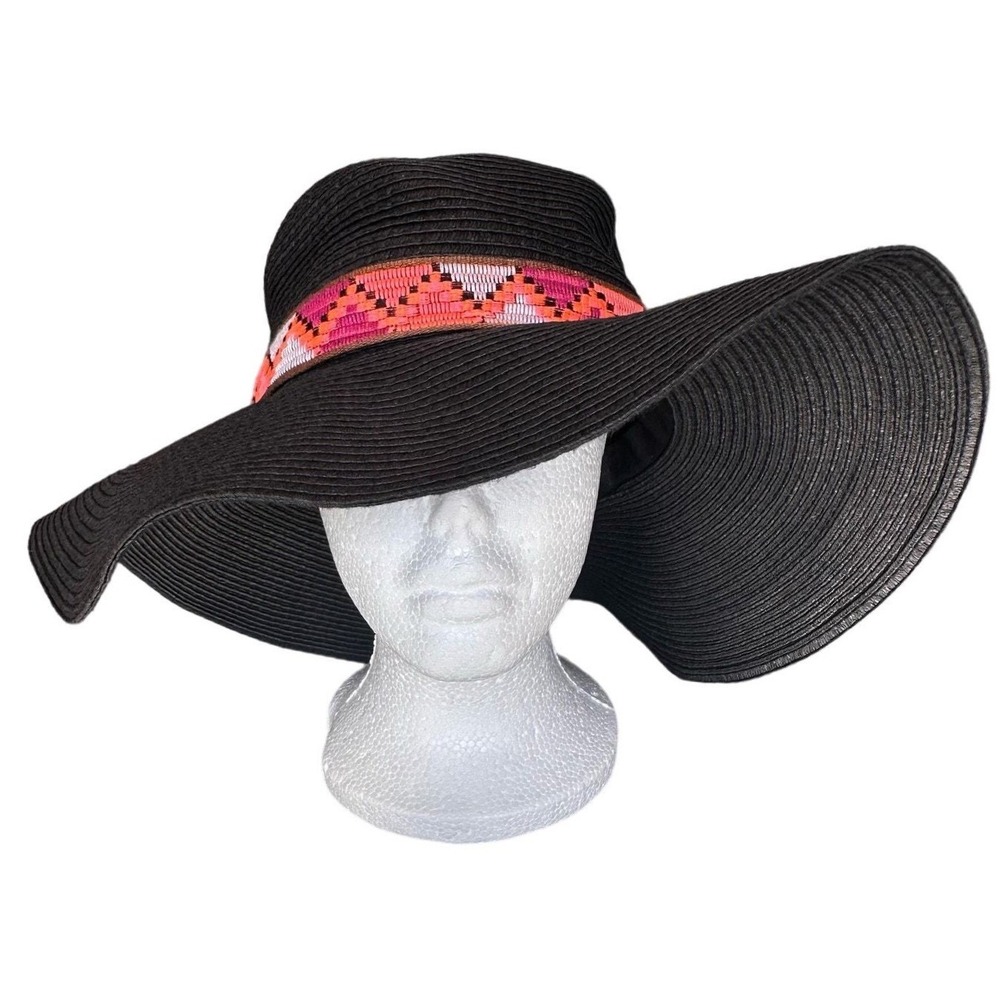 Unbranded Floppy Sun Hat M/L Black Wide Brim Geometric Band TT182112